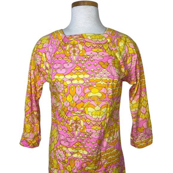 Vintage 60s David Crystal Mod Dress Pink Yellow Floral Print 3/4 Sleeve Small - Picture 3 of 7